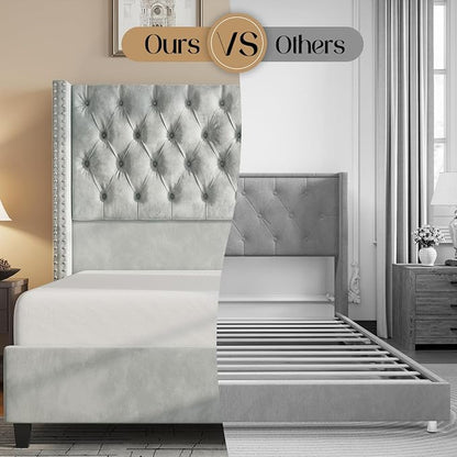 Jocisland King Size Bed Frame with 51.6” Wingback Tufted Velvet Headboard, Modern Upholstered Platform Bed, No Box Spring Needed, Easy Assembly, Light Grey