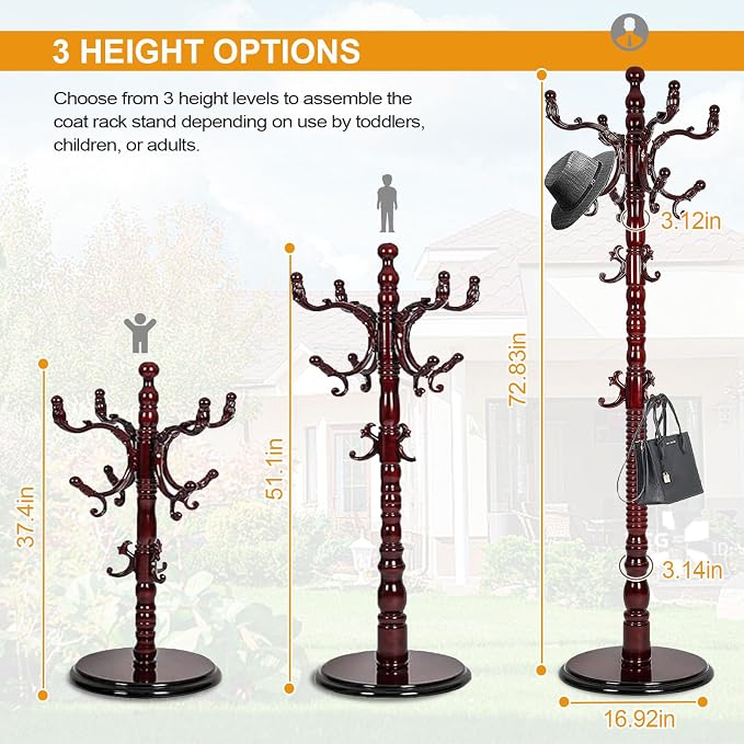 Wooden Coat Hanger Stand, Coat Rack Freestanding 18 Hooks, Mid Century Vintage Coat Tree for Entryway, Adjustable Height 73", Heavy Duty Coat stand for Home Bedroom, Office(Walnut)