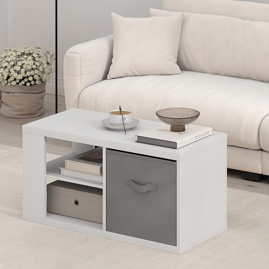 Furinno Viola Coffee Table, 3-Tier Modern Center Table with 1.2 Thick Tabletop, Side Table with Open Shelf and Storage Bin, for Living Room, Bedroom, Home Office, White/Light Grey