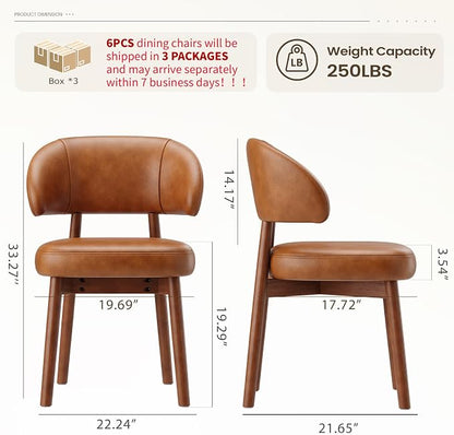 MALOL Wooden Dining Chairs Set of 6, Modern Upholstered Dining Room Chair, PU Leather Kitchen Side Chairs with Curved Open Back for Living Room/Restaurant/Cafe, Brown