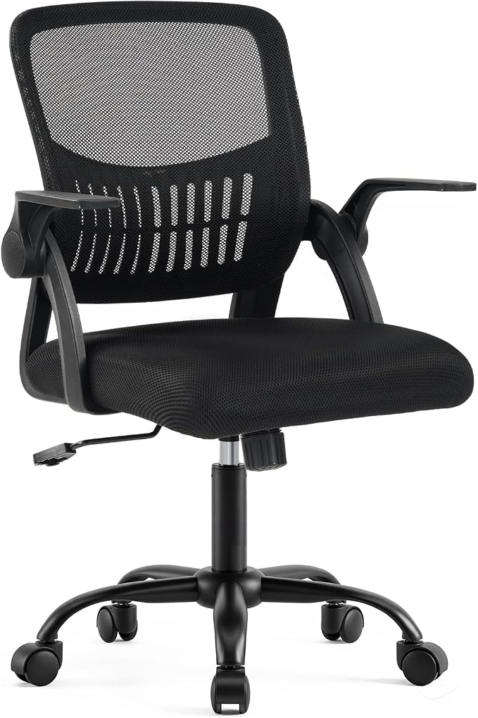 DUMOS Home Office Desk Chair - Ergonomic Computer Mesh Chair with Lumbar Support & Rocking Mode, Height Adjustable, Flip-up Armrest, for Conference, Meeting Room, 360° Swivel, Adults, Black