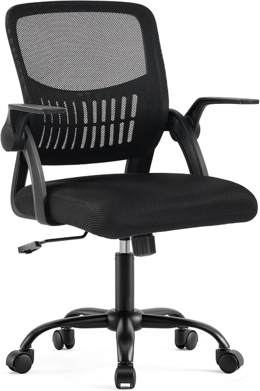 DUMOS Home Office Desk Chair - Ergonomic Computer Mesh Chair with Lumbar Support & Rocking Mode, Height Adjustable, Flip-up Armrest, for Conference, Meeting Room, 360° Swivel, Adults, Black