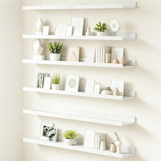 upsimples Floating Shelves for Wall, 47.3 Inch Shelves for Decor Storage Set of 6, Wall Mounted Wood Shelf for Bedroom, Living Room, Bathroom, Kitchen, Long Picture Ledge Shelves, White