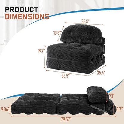 Folding Sofa Bed, Convertible Sleeper Chair with Back Support and Pillow Futon,Boneless Foldable Couch for Living Room/Guest Use/Home Office, Foldable Chair Bed for Adults, Black