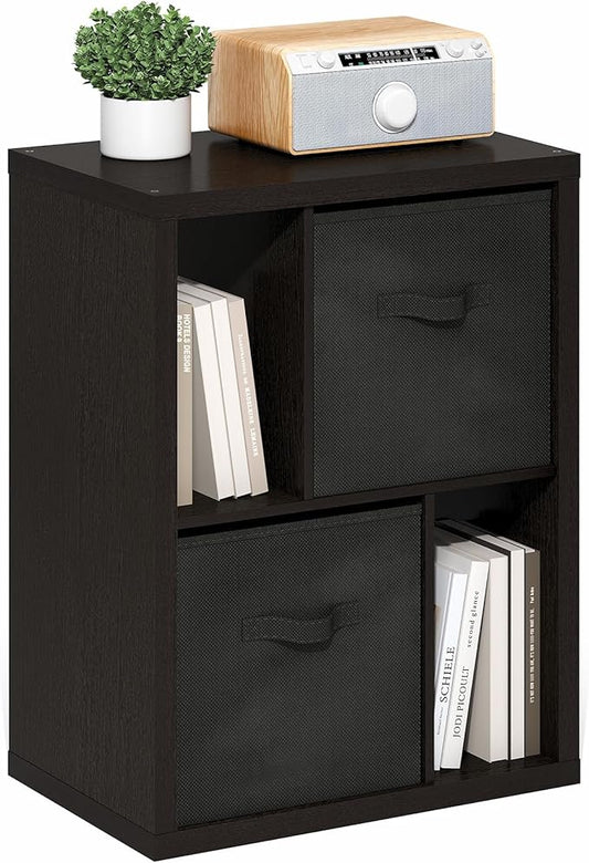 Furinno Viola Storage Shelf, 2-Tier Display Rack with 2 Drawer Bins, Extra Thick Frame Bookshelf, Reversible, for Organization, Living Room, Home Office, Black Dark Oak