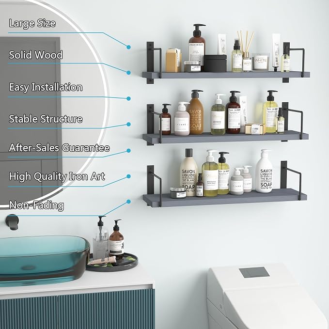 Floating Shelves, 24 Inches Easy to Install Wall Mounted Shelves, Set of 3, Rustic Wood Shelves for Wall Decor, Storage Shelves for Living Room (Grey)
