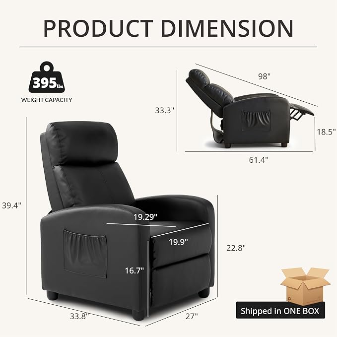 Leather Recliner Chair for Living Room, Modern Adjustable Home Theater Seating Single Sofa with Adjustable Backrest & Padded Armrests, Manual Push Back Armchair for Small Spaces,Black