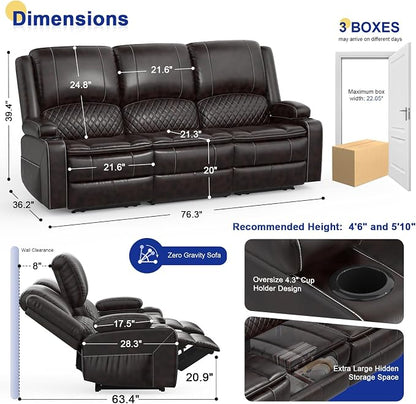 3+1 Manual Recliner Sofa, Maximum Load Capacity 1800lbs & Ergonomics Design, Multi-Functional Middle Seat & Home Theater Seating with Removable Armrest and Storage for RV Living Room (PU,Brown)