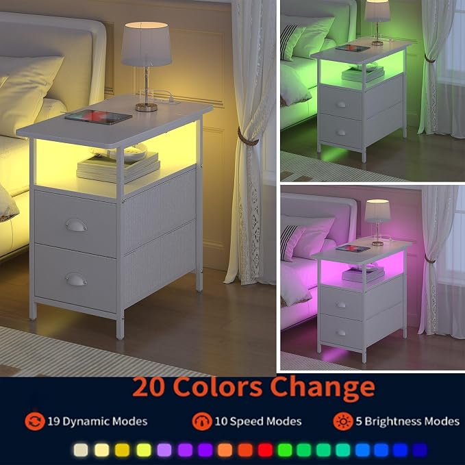 sthmec End Table with Charging Station, Narrow Side Table with 2 Drawers, LED Nightstands with Drawers, USB Ports & Power Oulets,Slim Sofa Side Tables for Small Spaces,Living Room,Bedroom,White