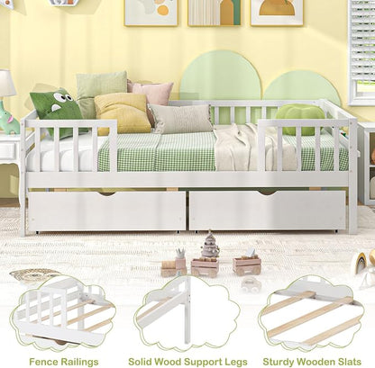 Giantex Twin Kids Bed with Storage Drawers, Wood Montessori Bed with Rails & Side Shelf, Low Daybed for Boys, Girls, No Box Spring Needed (White)