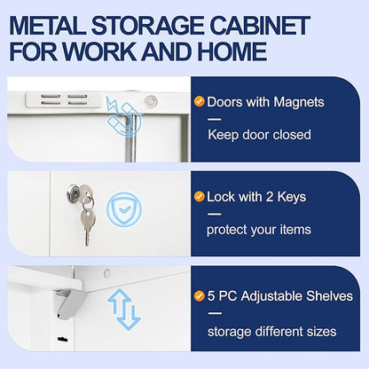 BESFUR Metal Storage Cabinet with 2 Doors and 5 Adjustable Shelves Garage Storage Cabinet with Lock 71" Office Storage Cabinets Locking Cabinets for Garage Office Shop Home (White)