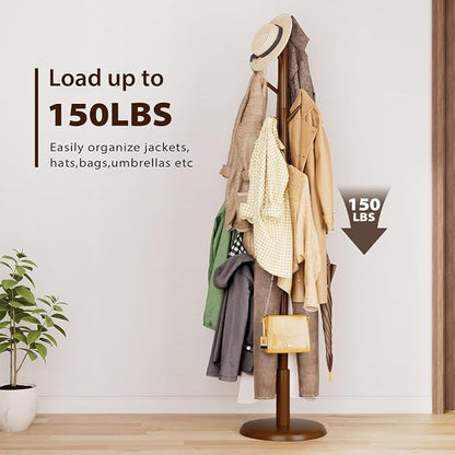Taitiy Solid Wood Coat Rack Freestanding Coat Tree with 10 Hooks for Bedroom, Livingroom, Entryway, Sturdy Coat Hanger Stand for Hats, Coats, Scarves, Handbags, Purses
