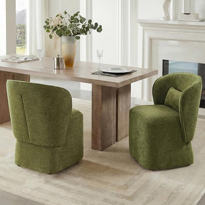 KISLOT Upholstered Dining Chairs with Wheels, Easy Assembly Stain Resistant Fabric Modern Barrel Armchair with Lumbar Cushion, Dining Room Chairs for Kitchen Living Room Bedroom, Green, Set of 2
