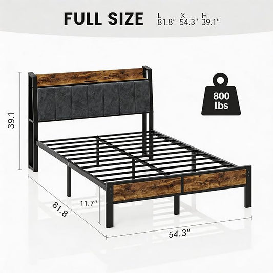 Liians Full Size LED Bed Frame with Charging Station and Storage Headboard, Metal Platform Bed, No Box Spring Needed, Easy Assembly, Noise Free