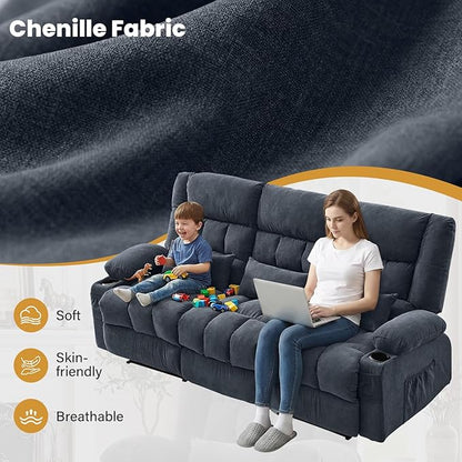 BOSMILLER Reclining Sofa with Cup Holders for Living Room 3 Seat Manual Sofa Recliner with Side Pocket