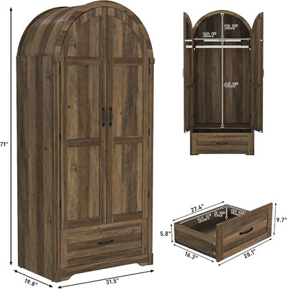 Squireewo 2 Doors Armoire Wardrobe Closet with Doors and Drawers, 71" Farmhouse Arched Wooden Wardrobe Cabinet with Mirror and Lights, Large Armoire Storage Cabinet with Shelves & Hanging Rod,Oak