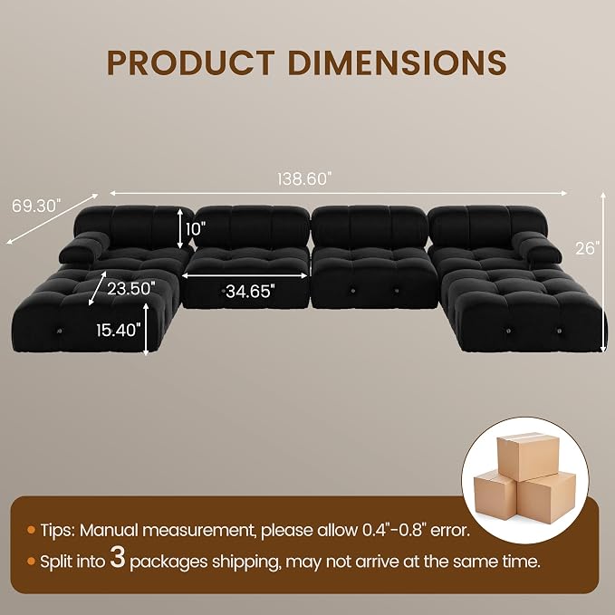 138" Convertible Modular Sectional Sofa, U-Shaped Velvet Sectional Couch with Chaise Ottomans, Minimalist Modern 6 Seat Sofas for Living Room Bedroom Office Apartment (Black)