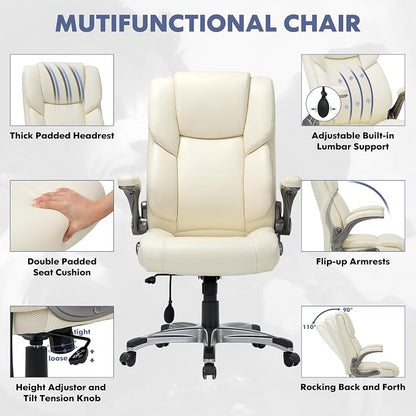 COLAMY High Back Executive Office Chair- Ergonomic Home Computer Desk Leather Chair with Padded Flip-up Arms, Adjustable Tilt Lock, Swivel Rolling Chair for Adult Working Study-Ivory