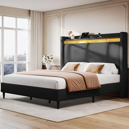 King Size Bed Frame with Tall Headboard, 55.3" Corduroy Upholstered Platform Bedframe with LED Lights & Charging Station, King Beds Wingback Storage Headboard, No Box Spring Needed, Wood Slats, Black