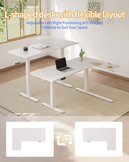 YIHAYO Reversiable L-Shaped Electric Standing Desk, 55 Inches Adjustable Height Corner Desk, Sit and Stand Up for Work Office Home, Computer Table with Splice Board, White