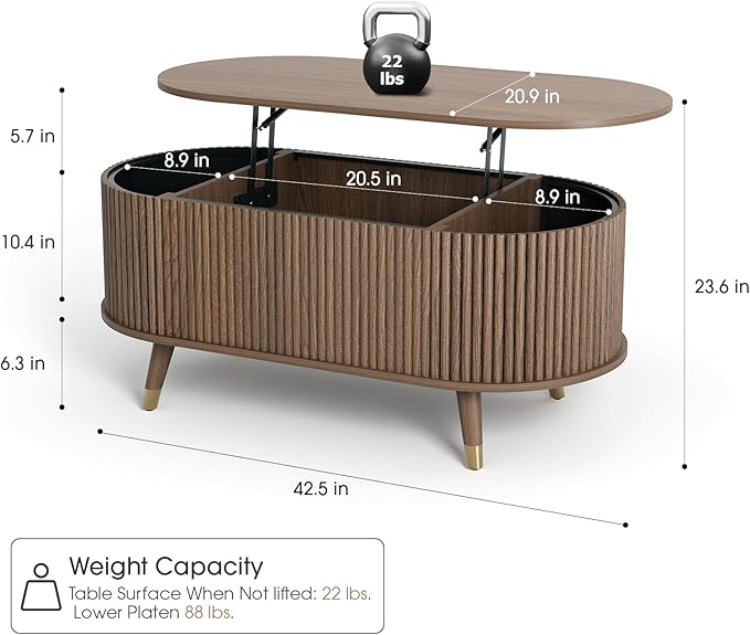 JOINICE 42.5" Oval Lift Top Coffee Table with Storage, Mid Century Modern Walnut Center Table with Fluted Design, Solid Wood Legs & Hidden Compartment, Pop Up Coffee Table for Living Room