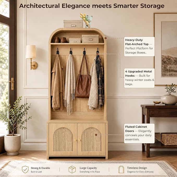 Narrow Entryway Hall Tree with Storage Bench, Modern Fluted Coat Rack and 2-Door Shoe Cabinet for Small Spaces, Arched Mudroom Organizer to Hide Clutter, Natural