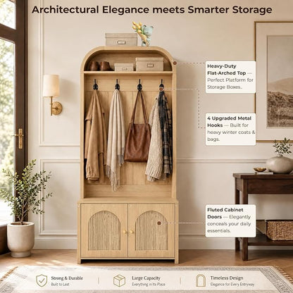 Narrow Entryway Hall Tree with Storage Bench, Modern Fluted Coat Rack and 2-Door Shoe Cabinet for Small Spaces, Arched Mudroom Organizer to Hide Clutter, Natural