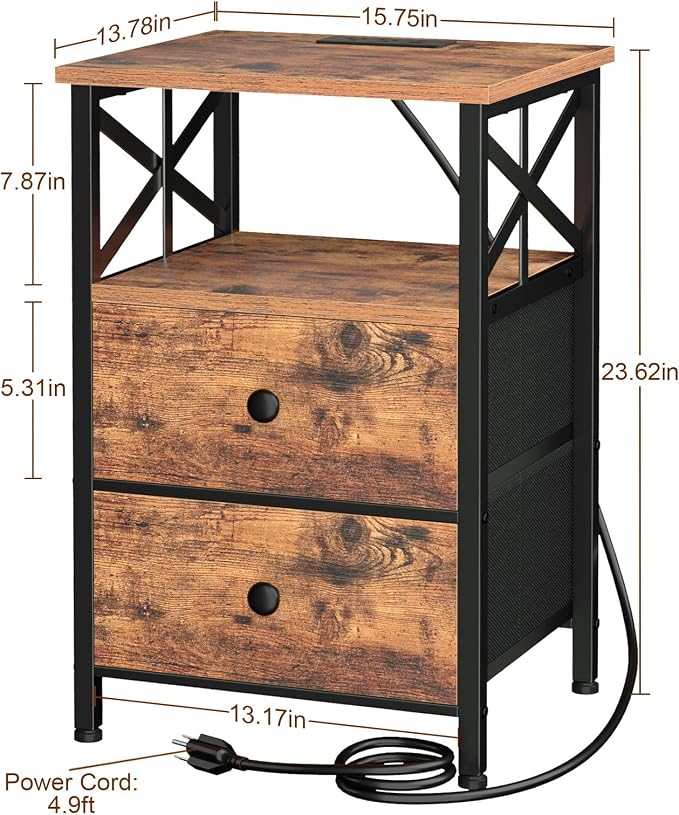 AMHANCIBLE Nightstands Set of 2, Night Stand with Charging Station, Small Bedside Table with 2 Fabric Drawers, End Tables Living Room with USB C Ports for Bedroom, Rustic Brown HET05XBR