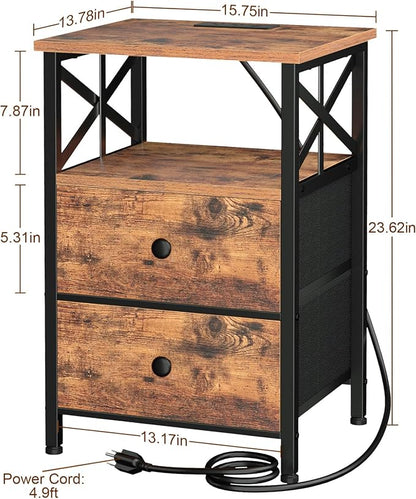 AMHANCIBLE Nightstands Set of 2, Night Stand with Charging Station, Small Bedside Table with 2 Fabric Drawers, End Tables Living Room with USB C Ports for Bedroom, Rustic Brown HET05XBR