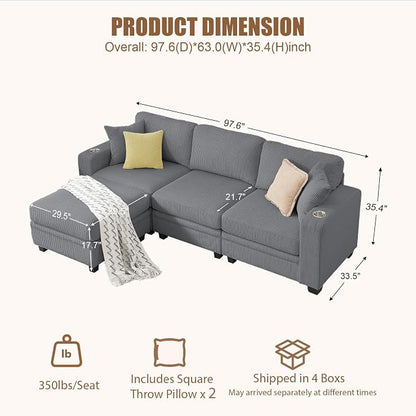 97" Modular Sectional Sofa with Storage, Corduroy 4-Seater L-Shaped Sofa with Ottoman Chaise, Cloud Sectional Couches for Living Room, Apartment