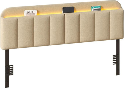 King Size Adjustable Headboard, Upholstered Headboard with Storage, APP Controlled LED Light, Padded Head Board Only, Sturdy Metal Foot Frame, Vertical Channel Design for Bedroom, Beige
