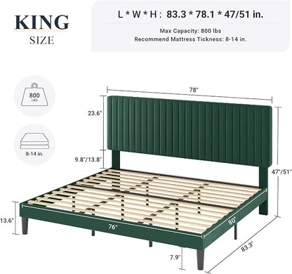 Allewie King Bed Frame, Velvet Upholstered Platform Bed with Adjustable Vertical Channel Tufted Headboard, Mattress Foundation with Strong Wooden Slats, Box Spring Optional, Easy Assembly, Green