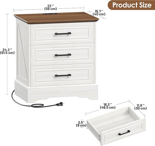 Akxomel Farmhouse Nightstand with Charging Station, 22" Wide Bedside Table with 3 Large Drawers & Bar Handles, Side End Table with Stable Support Base, for Bedroom, Off White