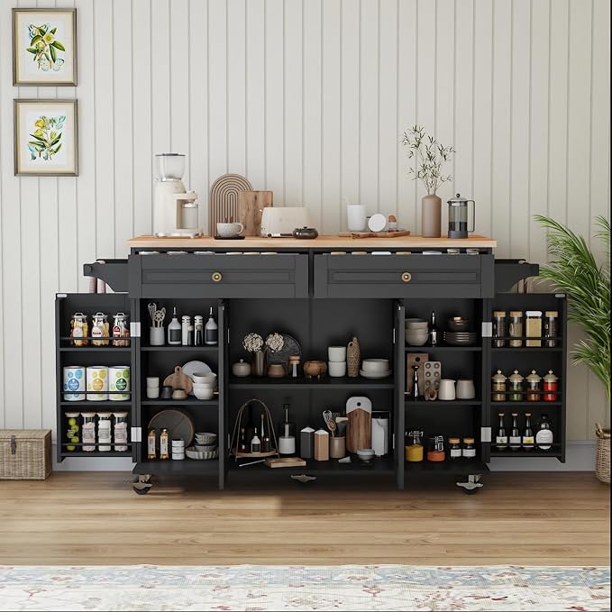 59 Kitchen Island Cart with Drop Leaf Breakfast Bar, Rolling Mobile Kitchen Island Table on Wheels with Storage Cabinet, Drawer, Spice/Towel Rack, Black