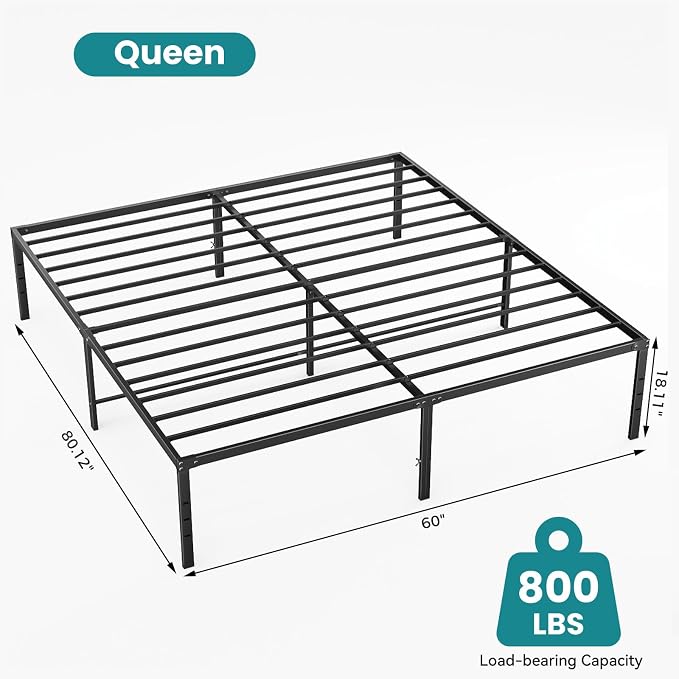 Sweetcrispy Queen Size 18 Inch Platform Bed Frame, Heavy Duty Metal Foundation Frame, Noise-Free Sturdy Steel Slats, Underbed Storage, No Box Spring Needed, Quick Setup