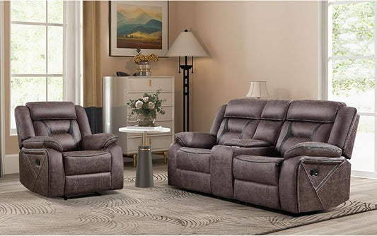 EBELLO Manual Recliner Sofa Set, Faux Leather Reclining Living Room Furniture Set, Included Single Recliner Chair and Manual Loveseat Sofa, Grey