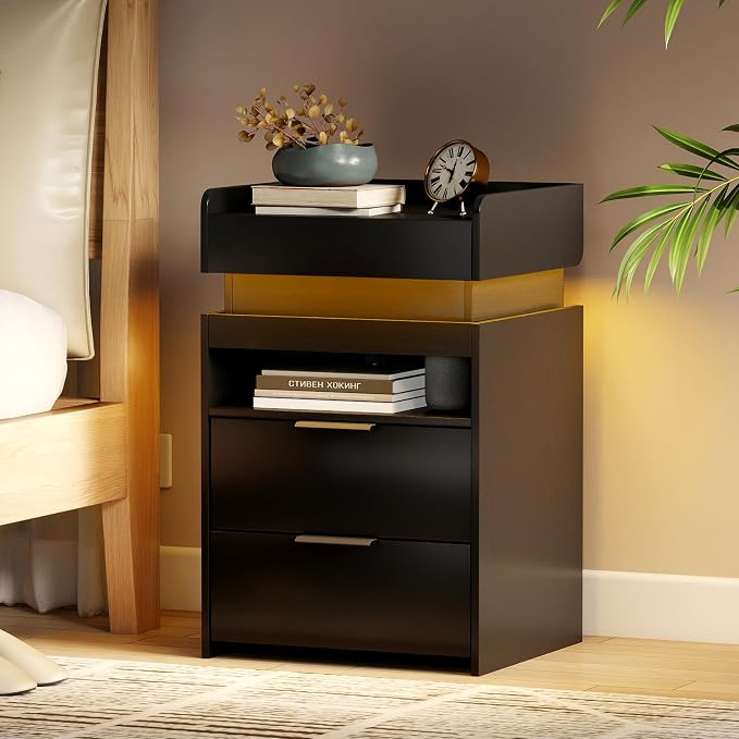 Black Nightstand Set of 2 with Charging Station, Hidden Sliding Top Compartment with USB-C, 2 USB Ports & 2 Outlets, Modern Night Stand with Drawers for Bedroom