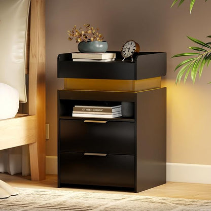 Black Nightstand Set of 2 with Charging Station, Hidden Sliding Top Compartment with USB-C, 2 USB Ports & 2 Outlets, Modern Night Stand with Drawers for Bedroom