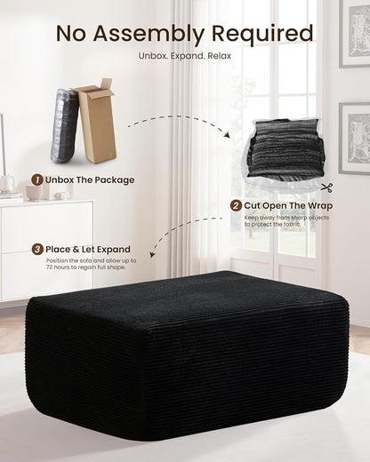 37" Plush Boneless Ottoman, Upholstered Cloud Footrest for Boneless Couch in a Box,Oversize Poufs for Living Room & Bedroom Sofa Ottoman,Comfy Seating with Dense Foam, Black (Corduroy Fabric)