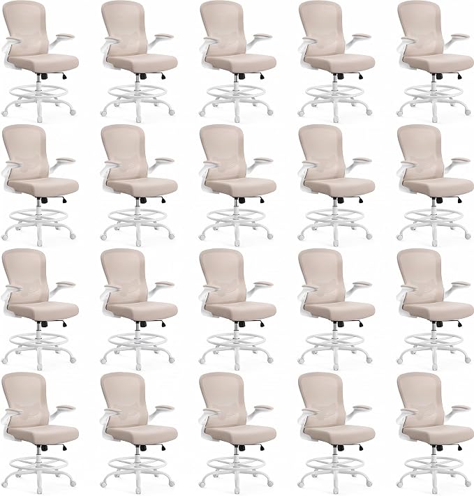 ErGear Drafting Chair,Tall Office Chair with Flip-Up Armrests, High Desk Chair Adjustable Height and Adjustable Footrest Ring, Ergonomic Standing Desk Chair with Lumbar Support, Khaki,20 Pack