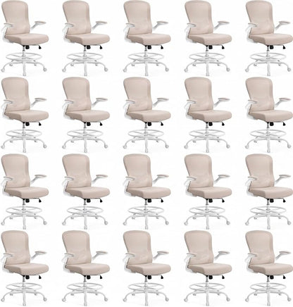 ErGear Drafting Chair,Tall Office Chair with Flip-Up Armrests, High Desk Chair Adjustable Height and Adjustable Footrest Ring, Ergonomic Standing Desk Chair with Lumbar Support, Khaki,20 Pack