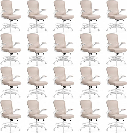 ErGear Drafting Chair,Tall Office Chair with Flip-Up Armrests, High Desk Chair Adjustable Height and Adjustable Footrest Ring, Ergonomic Standing Desk Chair with Lumbar Support, Khaki,20 Pack