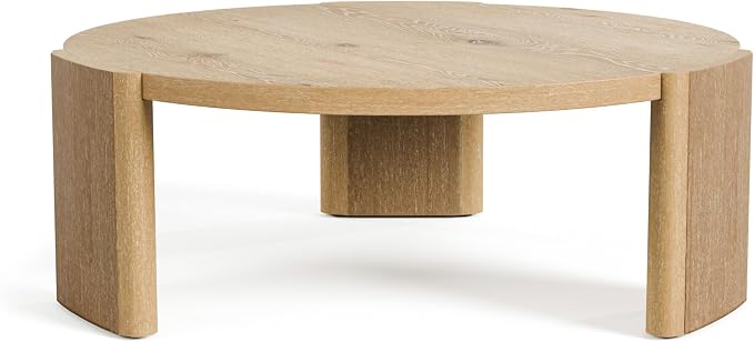 Furniture of America Carys 42” Round Coffee Table, Solid Rubberwood & Oak Veneer, Modern Wood Living Room Table with Plinth Base, Oak Finish