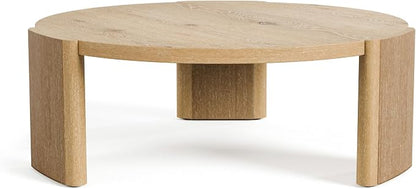 Furniture of America Carys 42” Round Coffee Table, Solid Rubberwood & Oak Veneer, Modern Wood Living Room Table with Plinth Base, Oak Finish