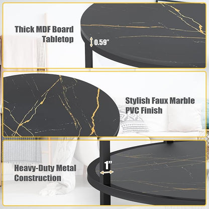 WiberWi Round Coffee Table Black Coffee Tables for Living Room 35.8" Faux Marble Top Circle Table Furniture Sturdy Metal Frame Legs Cocktail Table with Storage Open Shelf