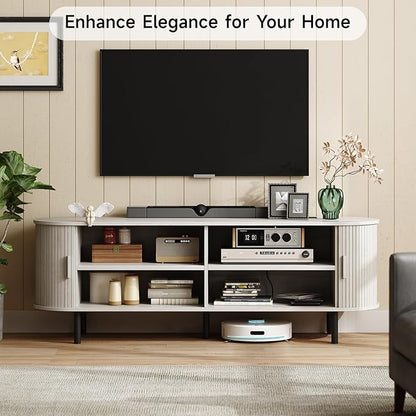 ONBRILL 63" TV Stand with Power Outlet for TVs up to 70 Inch, Entertainment Center with Storage and Adjustable Shelves, Modern Media Console with Sliding Doors for Living Room, Natural White