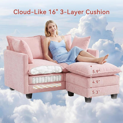 L-Shape Loveseat Sofa Couch with Ottoman, Small 50" Love Seat 27" Deep Cloud Sofa Washable Chenille Pillow for Apartment Bedroom Dorm Attic Studio Office Living Room Small Space 8833-PINK-L