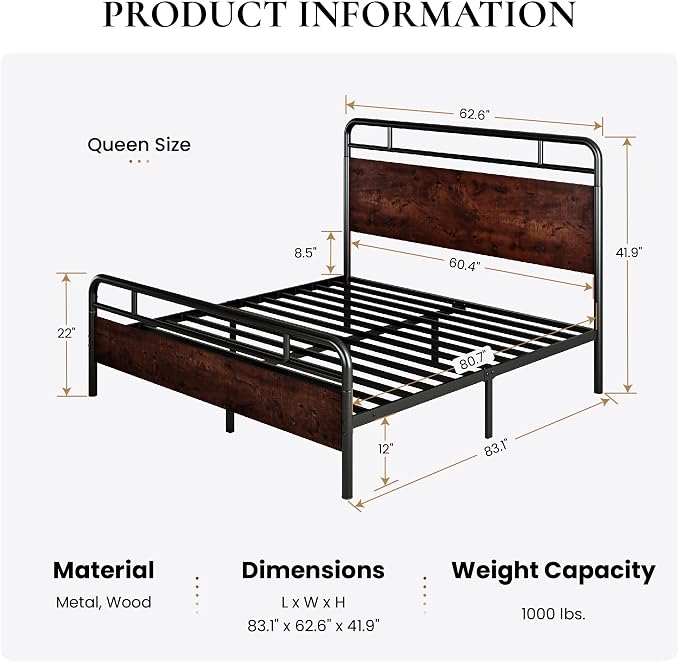 SHA CERLIN Queen Size Bed Frame with Wooden Headboard and Footboard, Rounded Corner Metal Structure, Heavy Duty Slats with Under-Bed Storage, No Box Spring Needed, Mahogany