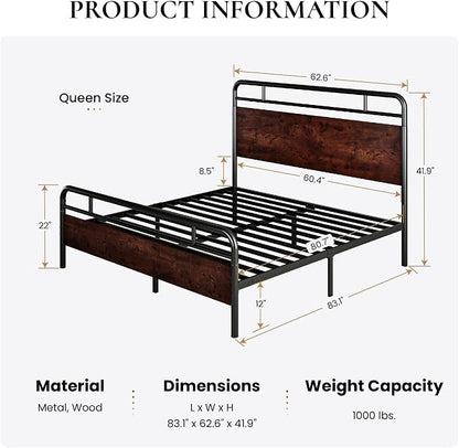 SHA CERLIN Queen Size Bed Frame with Wooden Headboard and Footboard, Rounded Corner Metal Structure, Heavy Duty Slats with Under-Bed Storage, No Box Spring Needed, Mahogany