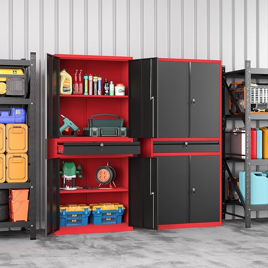 Metal Garage Storage Cabinet with Locking Doors and Drawer, 71" Steel Tool Storage Cabinet with Adjustable Shelves for Garage,Office,Warehouse (Red Black)